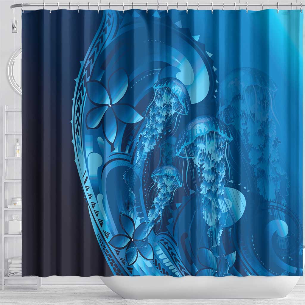 Blue Gradient Polynesia Jellyfish Shower Curtain Plumeria Polynesian Tattoo Glowing Vibes