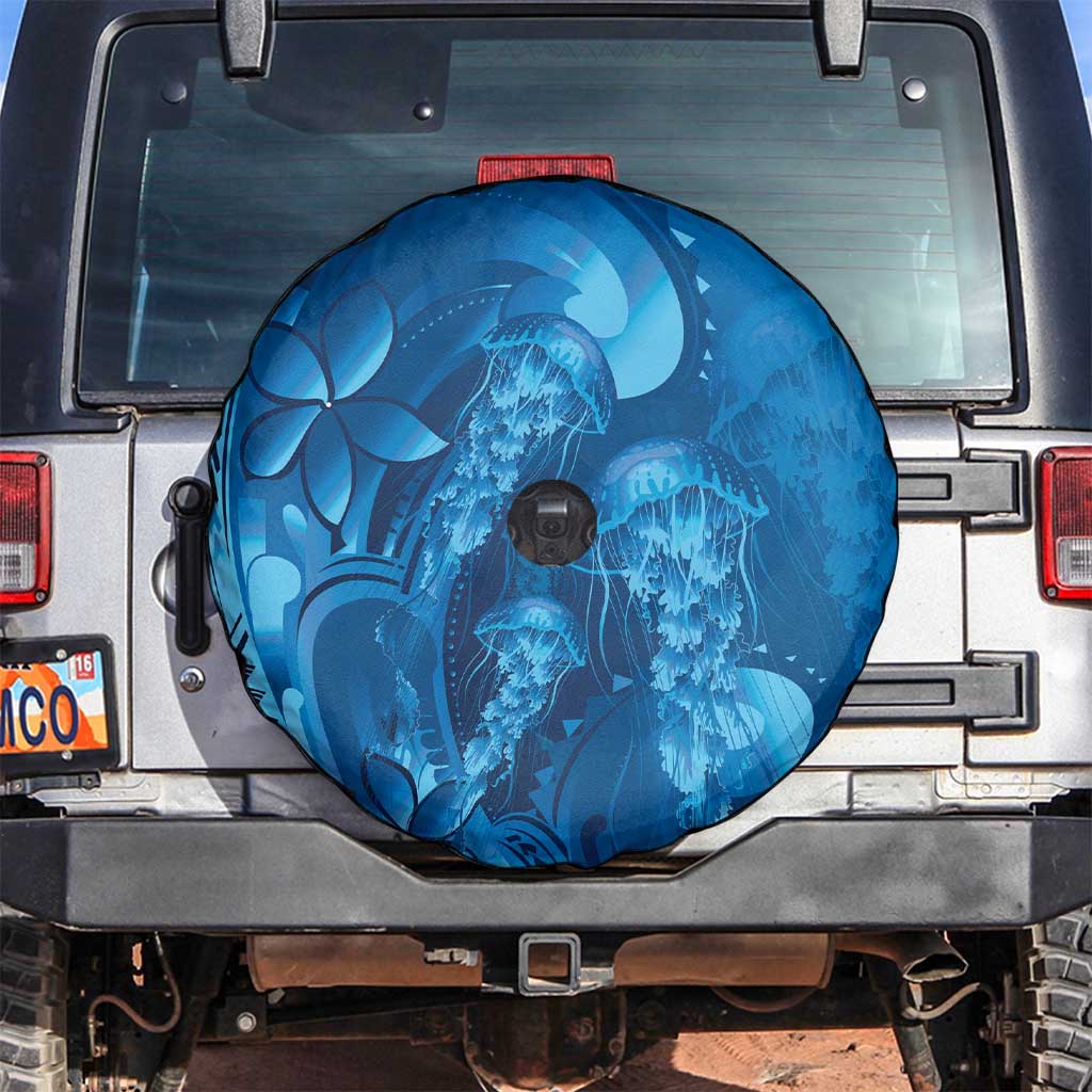 Blue Gradient Polynesia Jellyfish Spare Tire Cover Plumeria Polynesian Tattoo Glowing Vibes