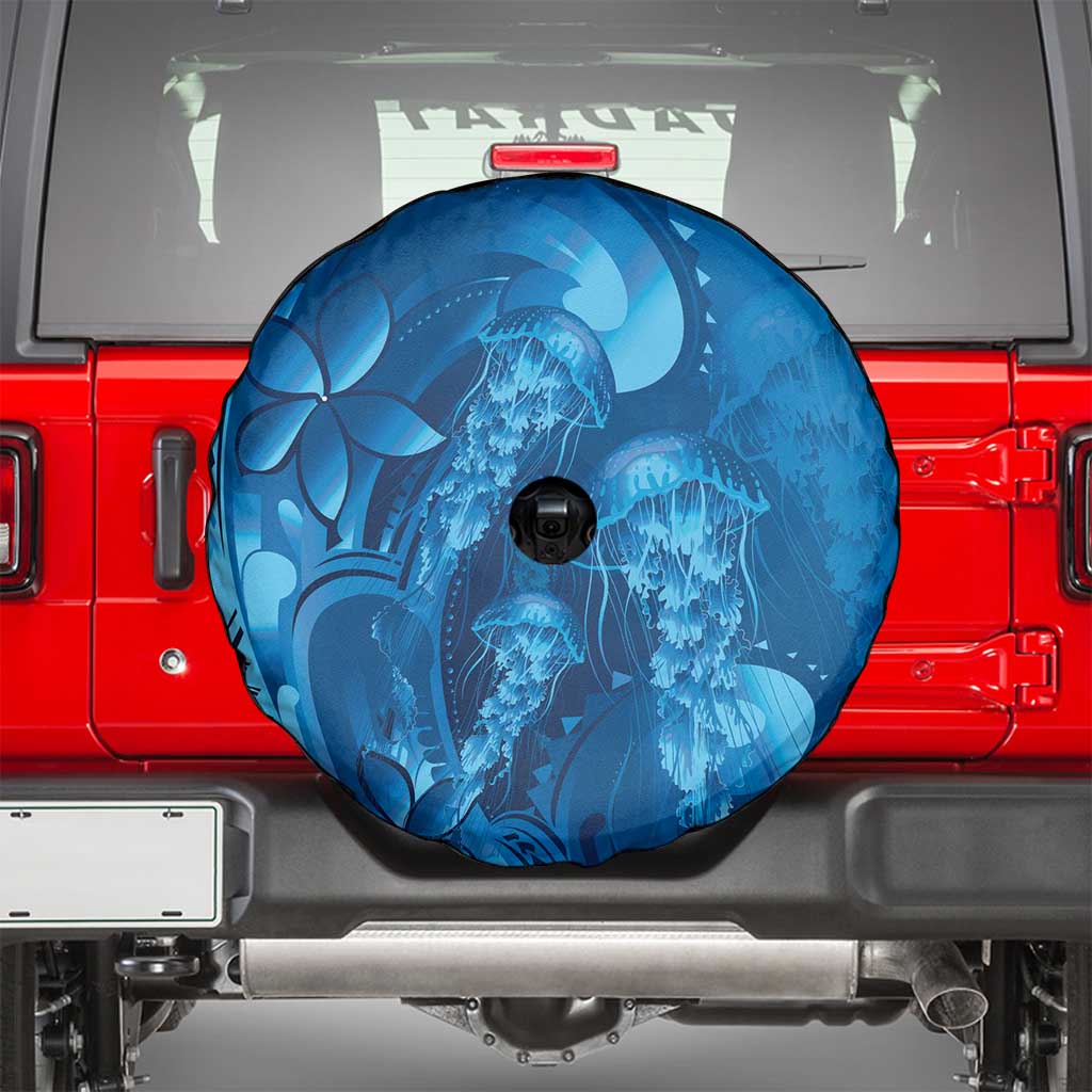 Blue Gradient Polynesia Jellyfish Spare Tire Cover Plumeria Polynesian Tattoo Glowing Vibes