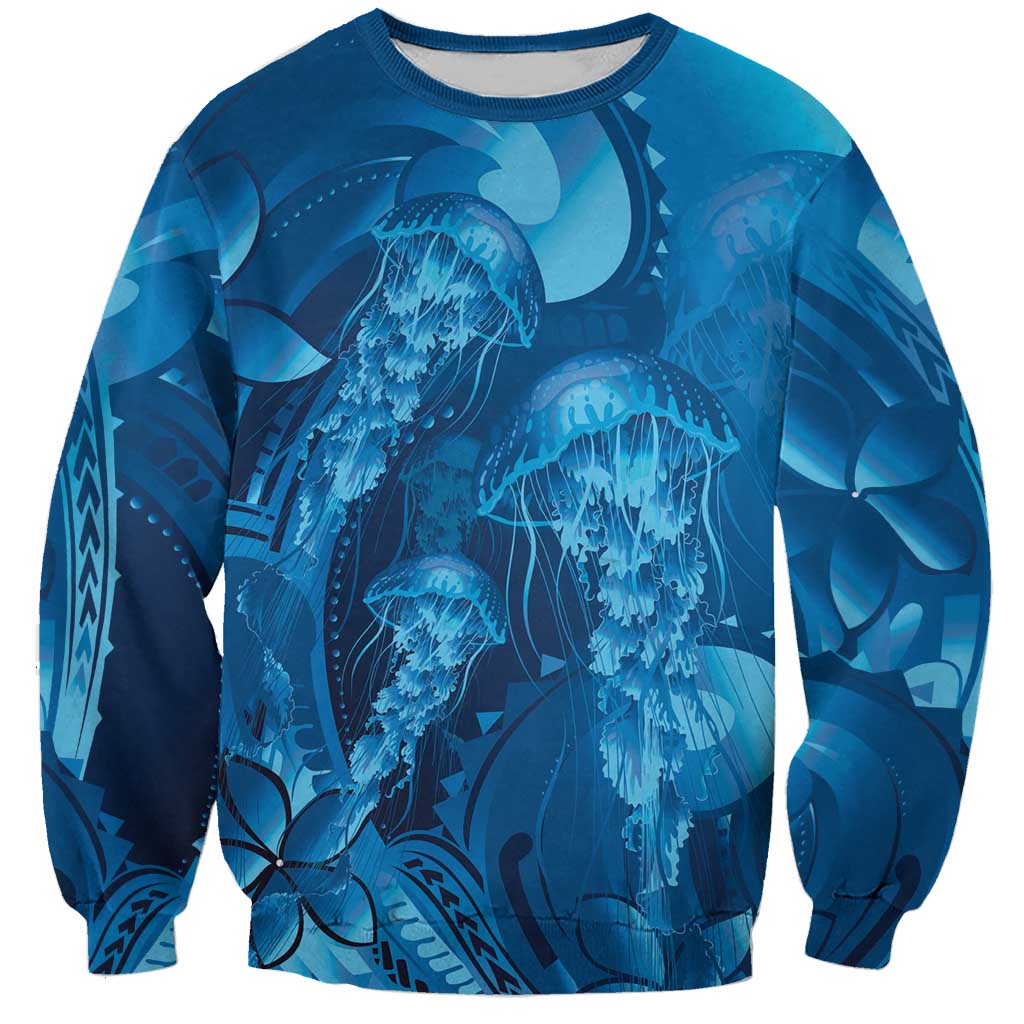 Blue Gradient Polynesia Jellyfish Sweatshirt Plumeria Polynesian Tattoo Glowing Vibes