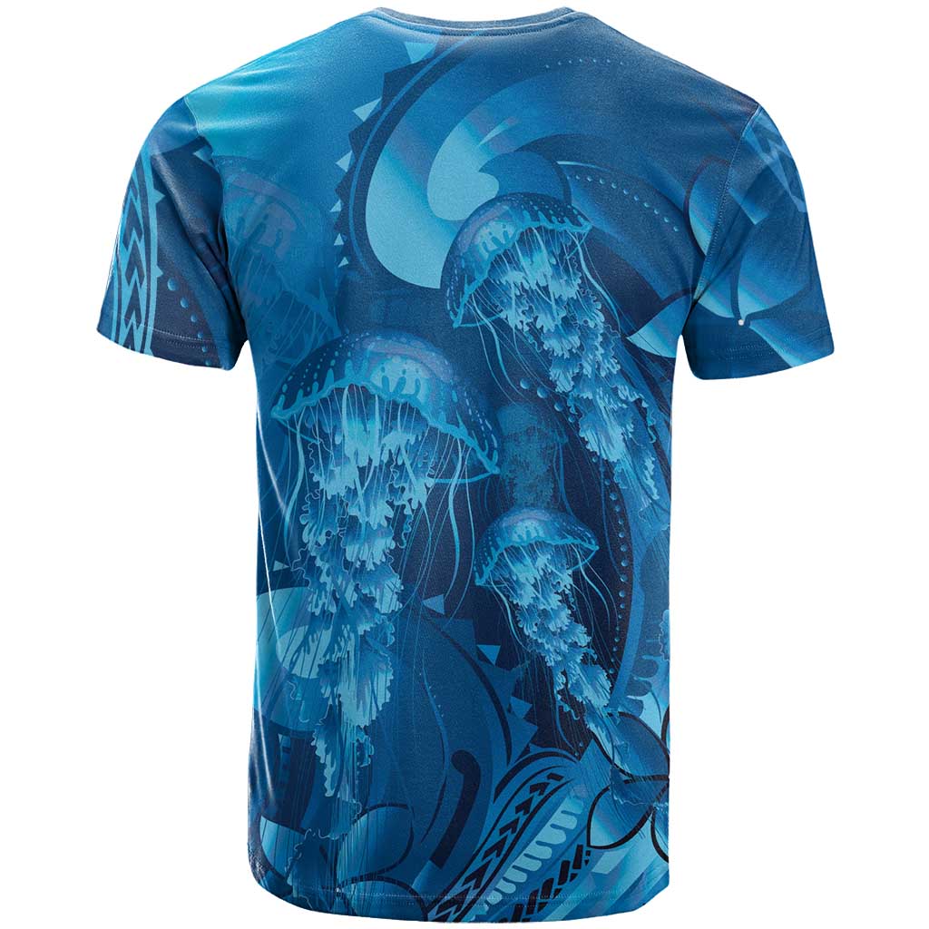 Blue Gradient Polynesia Jellyfish T Shirt Plumeria Polynesian Tattoo Glowing Vibes