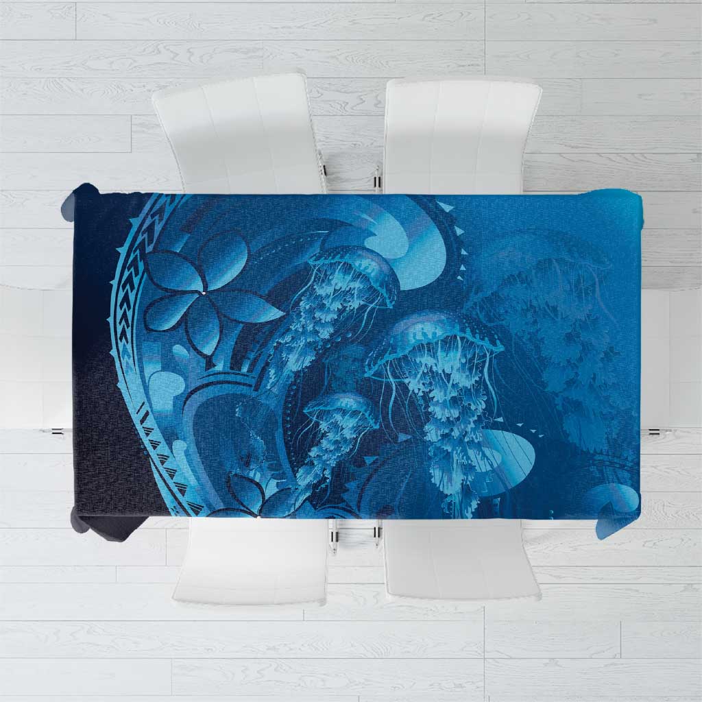 Blue Gradient Polynesia Jellyfish Tablecloth Plumeria Polynesian Tattoo Glowing Vibes