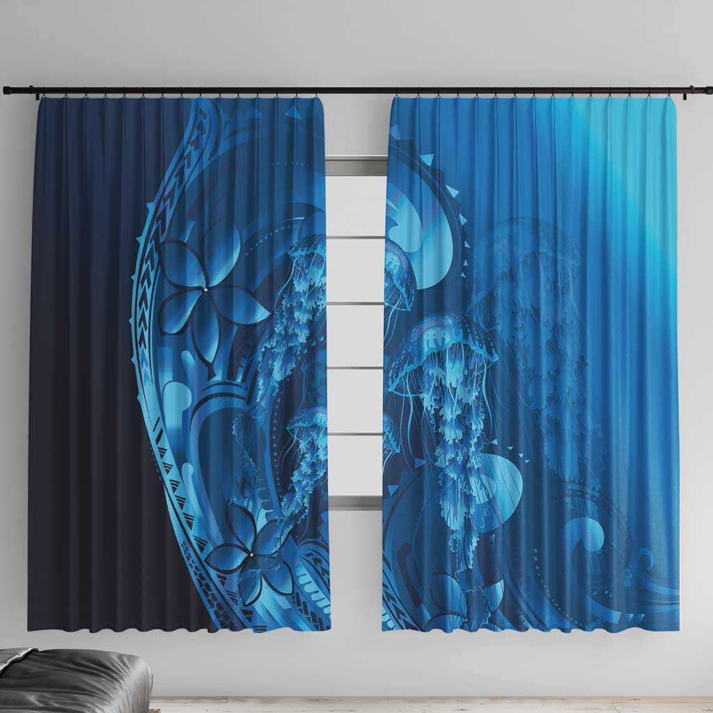 Blue Gradient Polynesia Jellyfish Window Curtain Plumeria Polynesian Tattoo Glowing Vibes