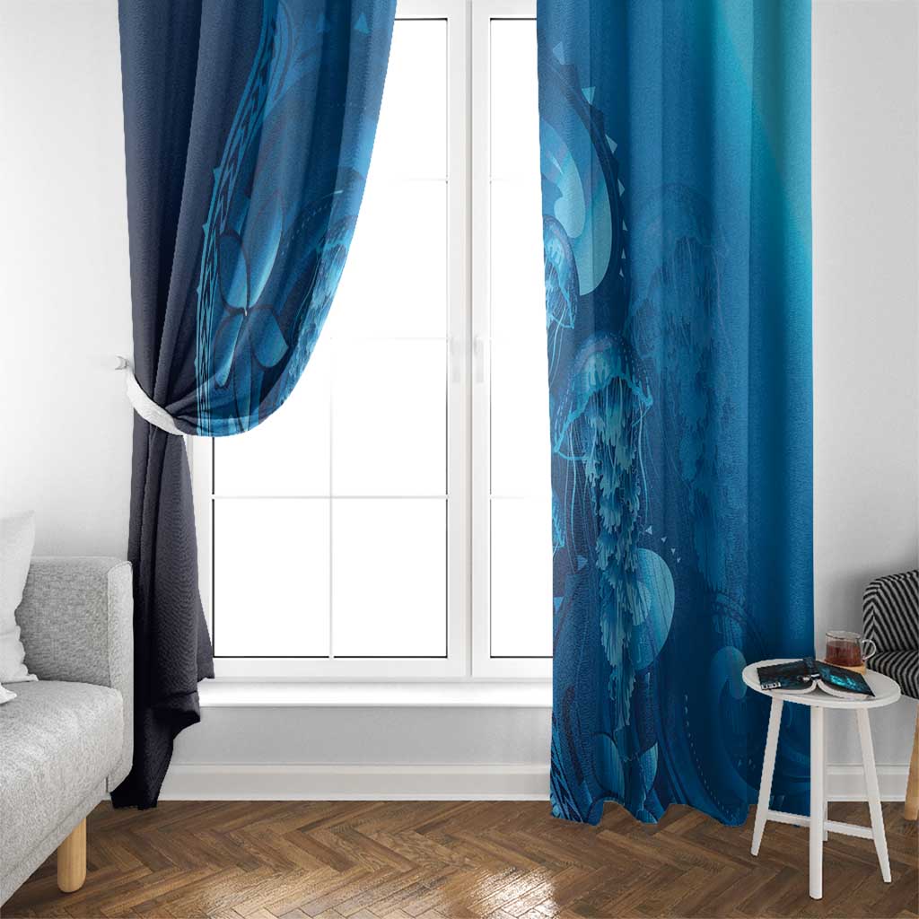 Blue Gradient Polynesia Jellyfish Window Curtain Plumeria Polynesian Tattoo Glowing Vibes