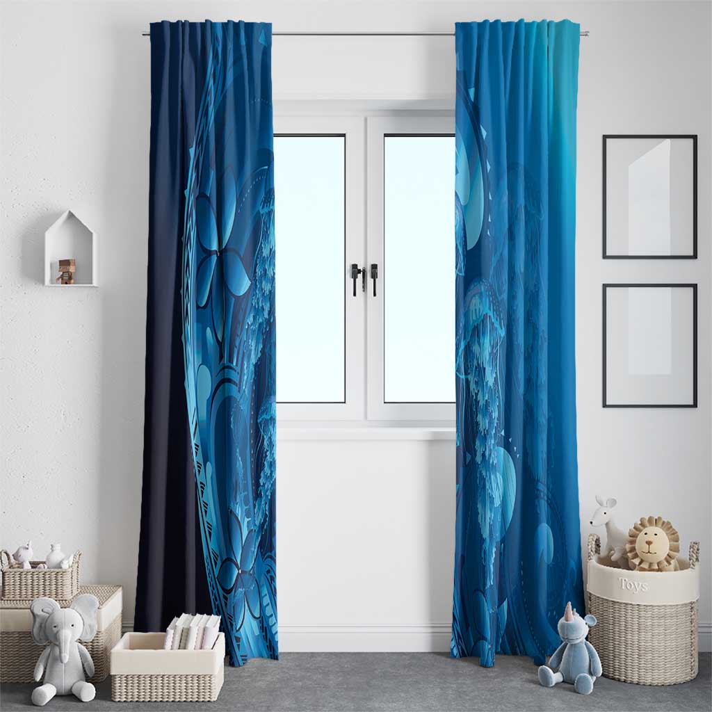 Blue Gradient Polynesia Jellyfish Window Curtain Plumeria Polynesian Tattoo Glowing Vibes
