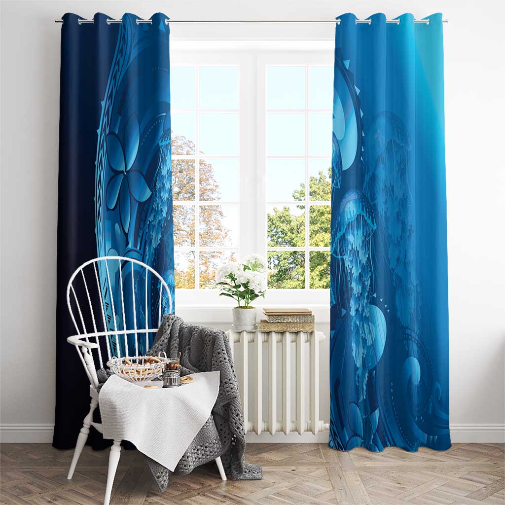 Blue Gradient Polynesia Jellyfish Window Curtain Plumeria Polynesian Tattoo Glowing Vibes