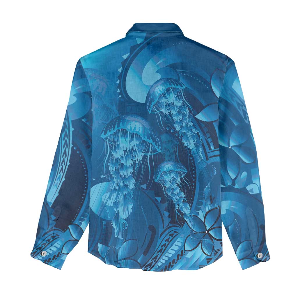 Blue Gradient Polynesia Jellyfish Women Casual Shirt Plumeria Polynesian Tattoo Glowing Vibes