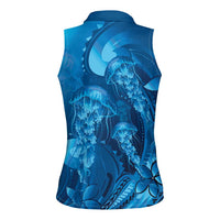 Blue Gradient Polynesia Jellyfish Women Sleeveless Polo Shirt Plumeria Polynesian Tattoo Glowing Vibes