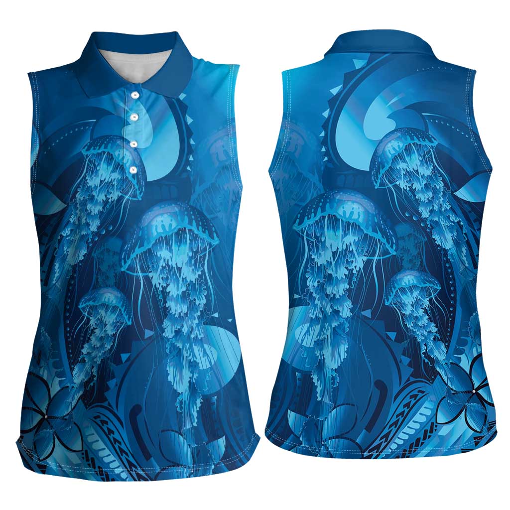 Blue Gradient Polynesia Jellyfish Women Sleeveless Polo Shirt Plumeria Polynesian Tattoo Glowing Vibes