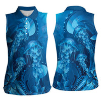 Blue Gradient Polynesia Jellyfish Women Sleeveless Polo Shirt Plumeria Polynesian Tattoo Glowing Vibes