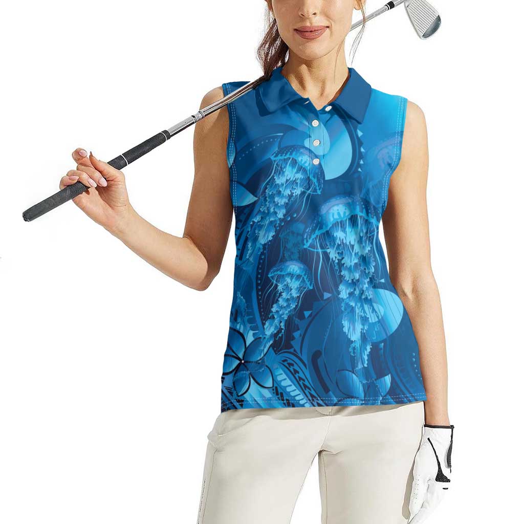 Blue Gradient Polynesia Jellyfish Women Sleeveless Polo Shirt Plumeria Polynesian Tattoo Glowing Vibes