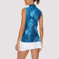 Blue Gradient Polynesia Jellyfish Women Sleeveless Polo Shirt Plumeria Polynesian Tattoo Glowing Vibes