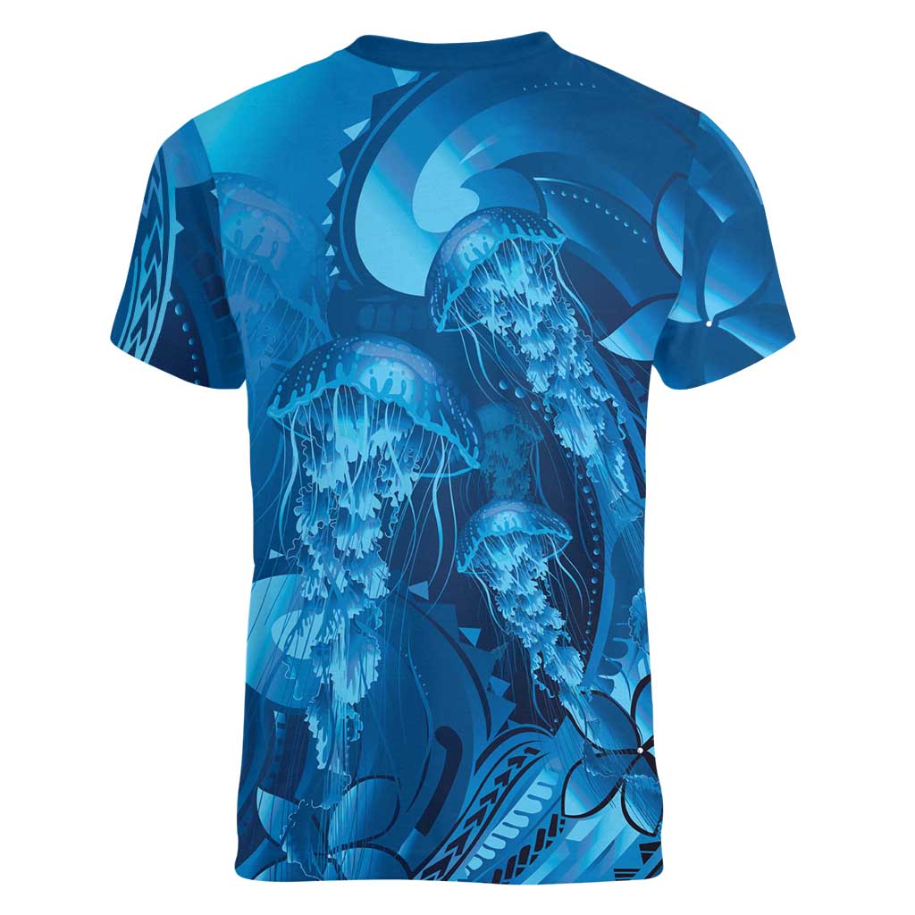 Blue Gradient Polynesia Jellyfish Women V-Neck T-Shirt Plumeria Polynesian Tattoo Glowing Vibes
