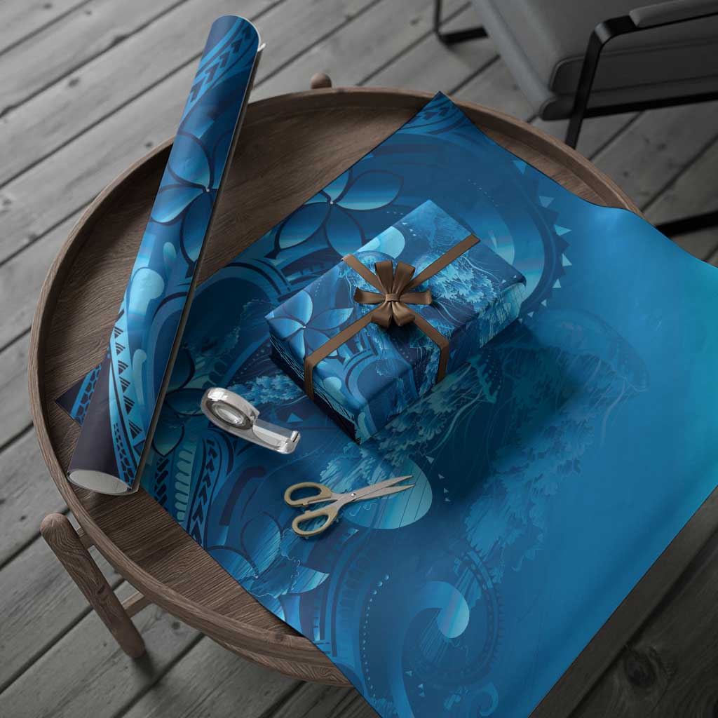 Blue Gradient Polynesia Jellyfish Wrapping Paper Plumeria Polynesian Tattoo Glowing Vibes