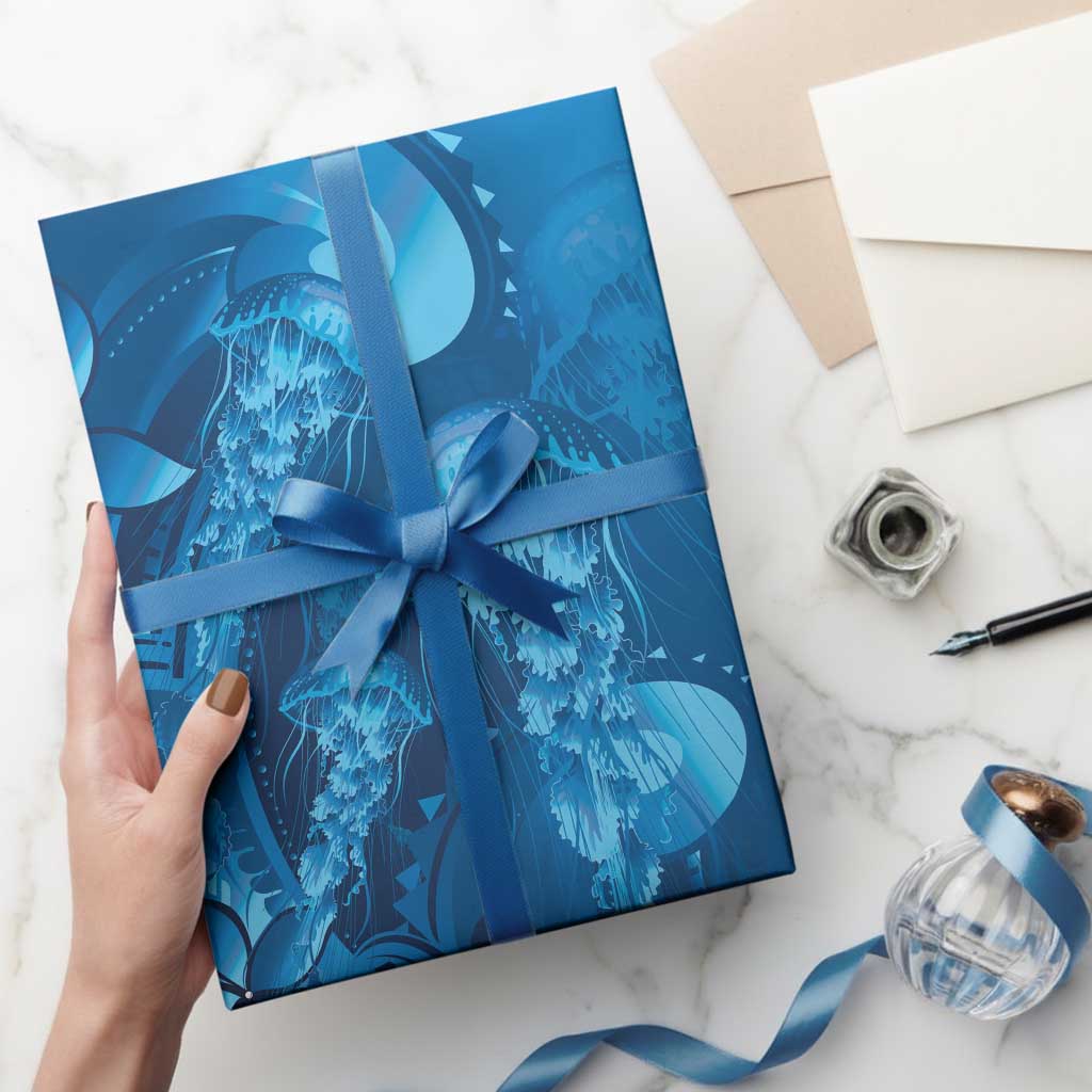 Blue Gradient Polynesia Jellyfish Wrapping Paper Plumeria Polynesian Tattoo Glowing Vibes
