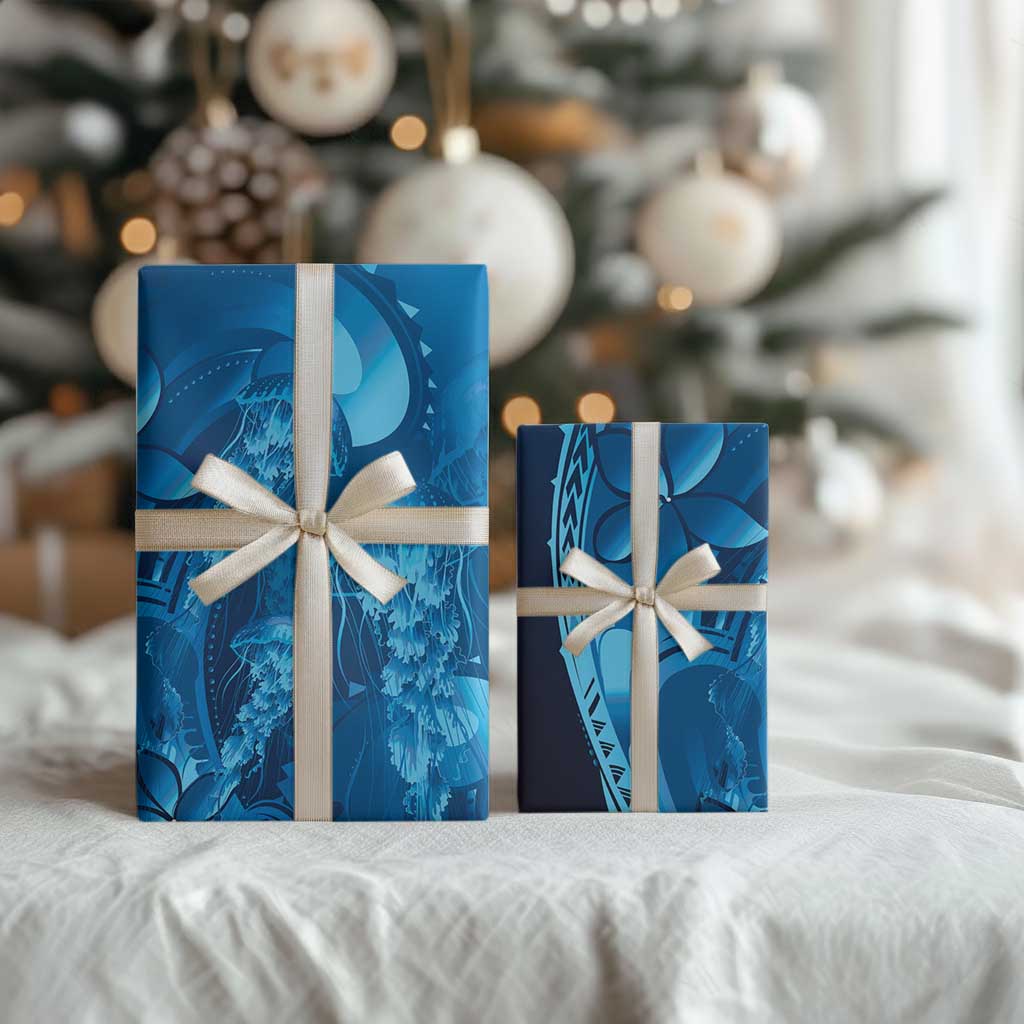 Blue Gradient Polynesia Jellyfish Wrapping Paper Plumeria Polynesian Tattoo Glowing Vibes