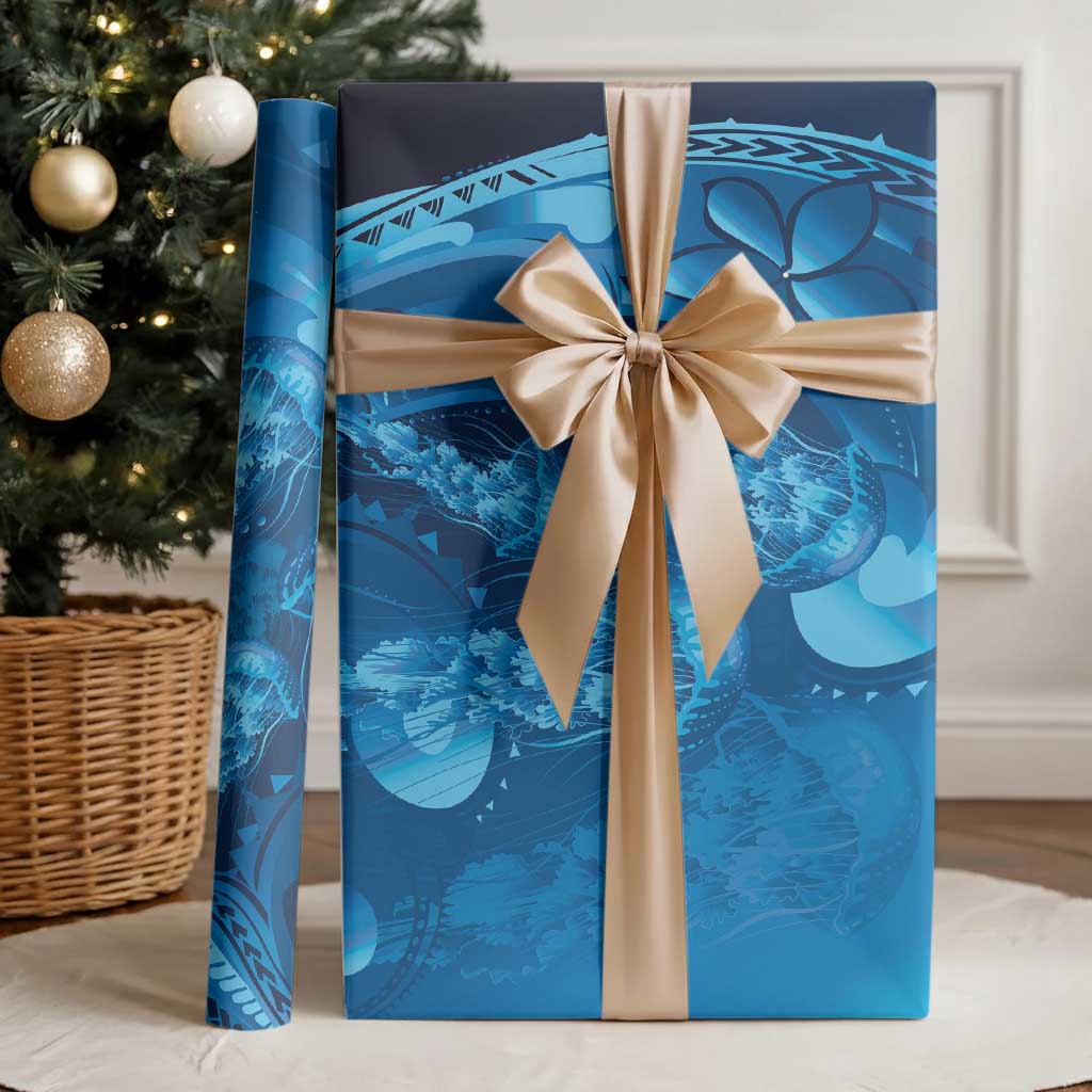 Blue Gradient Polynesia Jellyfish Wrapping Paper Plumeria Polynesian Tattoo Glowing Vibes