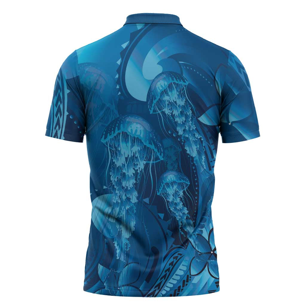 Blue Gradient Polynesia Jellyfish Zipper Polo Shirt Plumeria Polynesian Tattoo Glowing Vibes