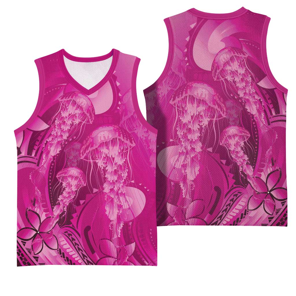 Pink Gradient Polynesia Jellyfish Basketball Jersey Plumeria Polynesian Tattoo Glowing Vibes