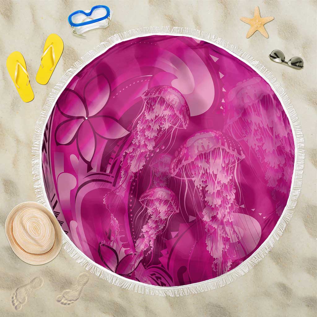 Pink Gradient Polynesia Jellyfish Beach Blanket Plumeria Polynesian Tattoo Glowing Vibes