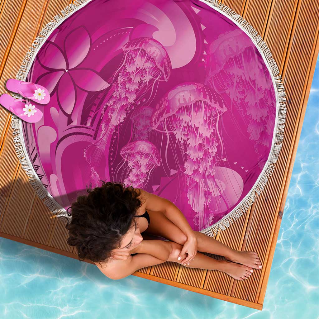 Pink Gradient Polynesia Jellyfish Beach Blanket Plumeria Polynesian Tattoo Glowing Vibes