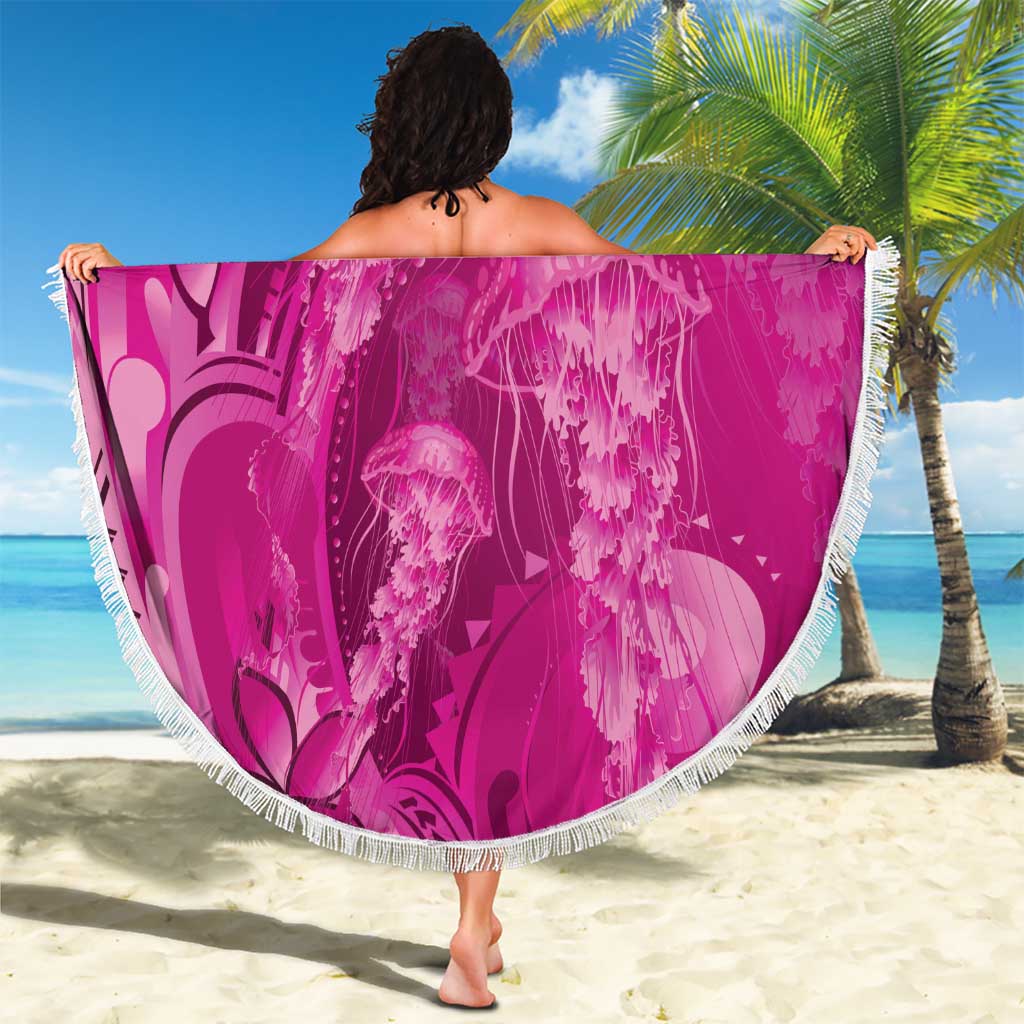 Pink Gradient Polynesia Jellyfish Beach Blanket Plumeria Polynesian Tattoo Glowing Vibes