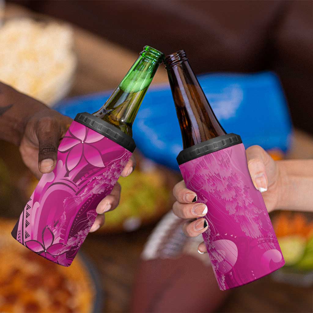 Pink Gradient Polynesia Jellyfish 4 in 1 Can Cooler Tumbler Plumeria Polynesian Tattoo Glowing Vibes