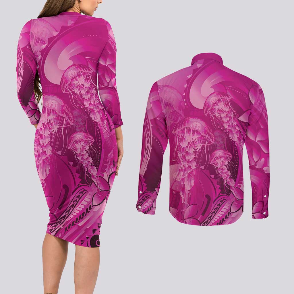 Pink Gradient Polynesia Jellyfish Couples Matching Long Sleeve Bodycon Dress and Long Sleeve Button Shirt Plumeria Polynesian Tattoo Glowing Vibes LT14 - Polynesian Pride