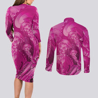 Pink Gradient Polynesia Jellyfish Couples Matching Long Sleeve Bodycon Dress and Long Sleeve Button Shirt Plumeria Polynesian Tattoo Glowing Vibes LT14 - Polynesian Pride