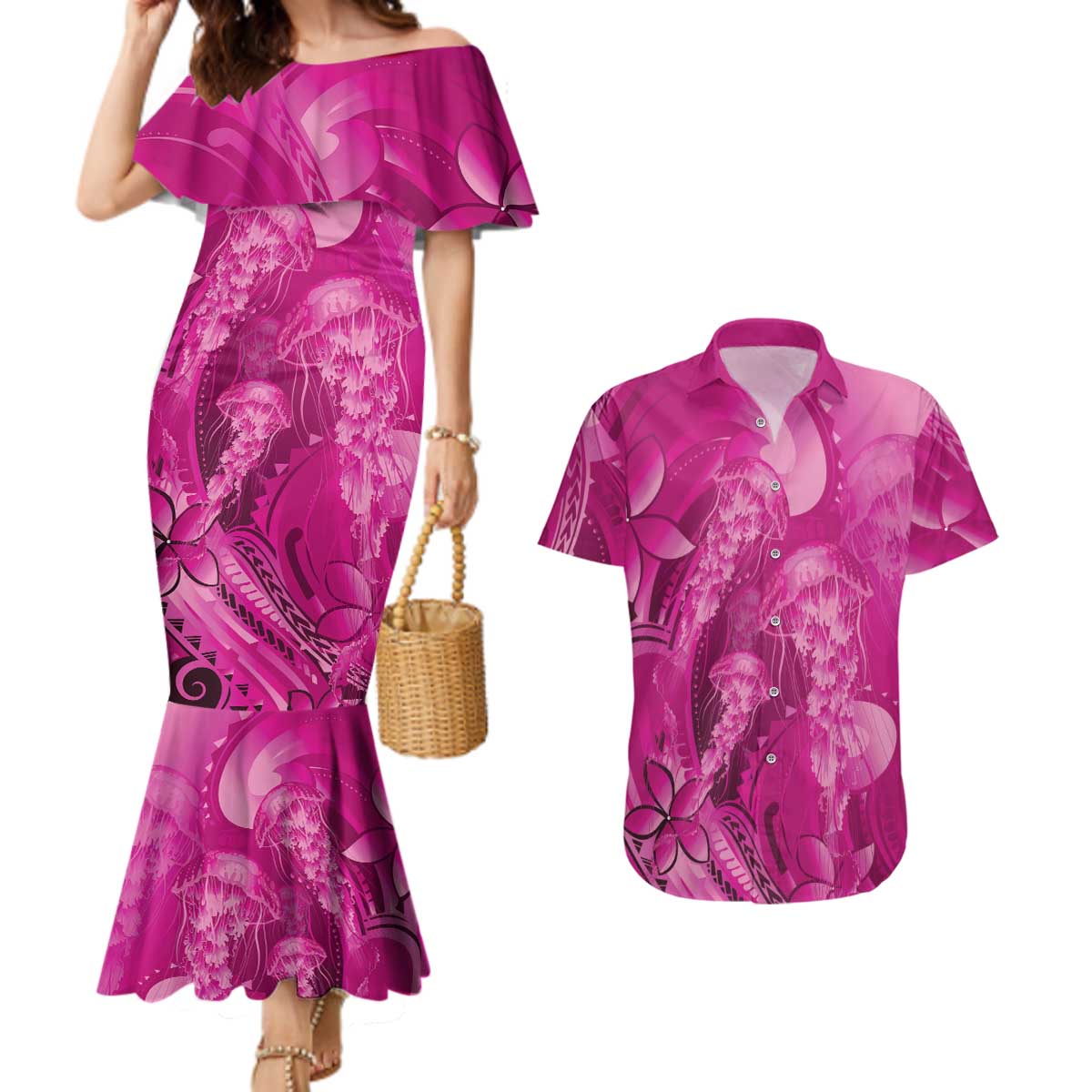 Pink Gradient Polynesia Jellyfish Couples Matching Mermaid Dress and Hawaiian Shirt Plumeria Polynesian Tattoo Glowing Vibes