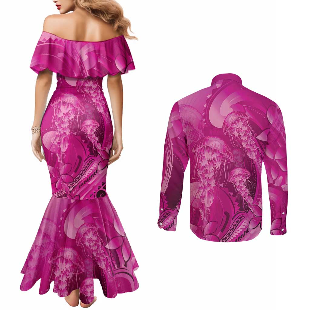 Pink Gradient Polynesia Jellyfish Couples Matching Mermaid Dress and Long Sleeve Button Shirt Plumeria Polynesian Tattoo Glowing Vibes LT14 - Polynesian Pride