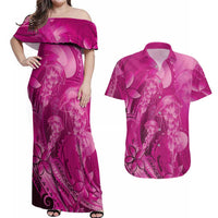Pink Gradient Polynesia Jellyfish Couples Matching Off Shoulder Maxi Dress and Hawaiian Shirt Plumeria Polynesian Tattoo Glowing Vibes LT14 Pink - Polynesian Pride