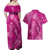 Pink Gradient Polynesia Jellyfish Couples Matching Off Shoulder Maxi Dress and Hawaiian Shirt Plumeria Polynesian Tattoo Glowing Vibes LT14 - Polynesian Pride