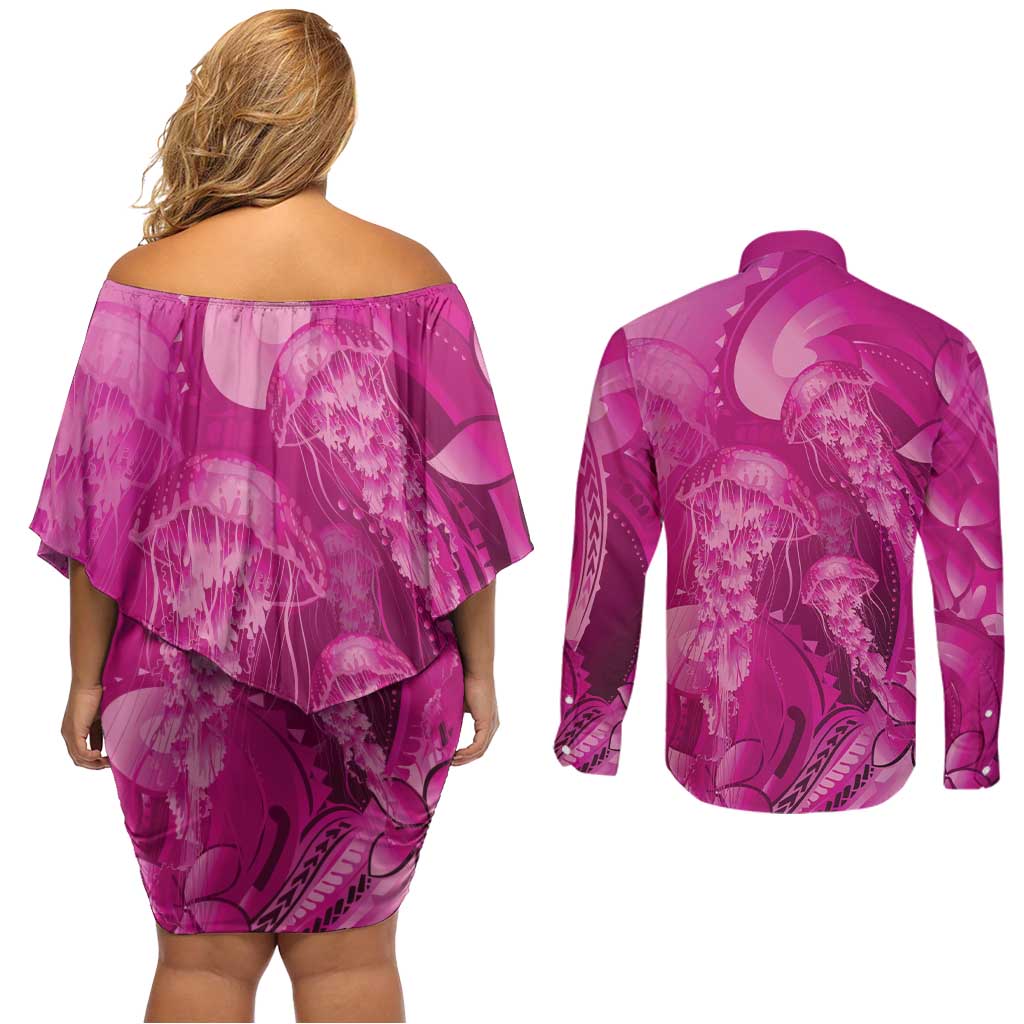 Pink Gradient Polynesia Jellyfish Couples Matching Off Shoulder Short Dress and Long Sleeve Button Shirt Plumeria Polynesian Tattoo Glowing Vibes LT14 - Polynesian Pride