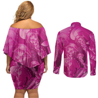 Pink Gradient Polynesia Jellyfish Couples Matching Off Shoulder Short Dress and Long Sleeve Button Shirt Plumeria Polynesian Tattoo Glowing Vibes LT14 - Polynesian Pride
