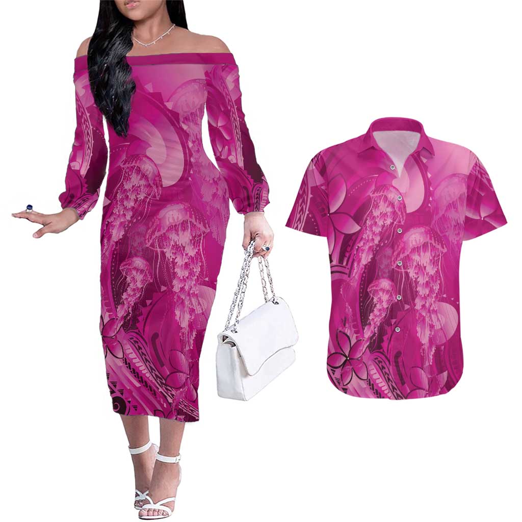 Pink Gradient Polynesia Jellyfish Couples Matching Off The Shoulder Long Sleeve Dress and Hawaiian Shirt Plumeria Polynesian Tattoo Glowing Vibes
