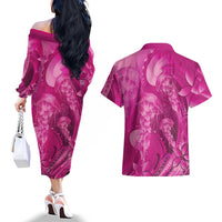 Pink Gradient Polynesia Jellyfish Couples Matching Off The Shoulder Long Sleeve Dress and Hawaiian Shirt Plumeria Polynesian Tattoo Glowing Vibes