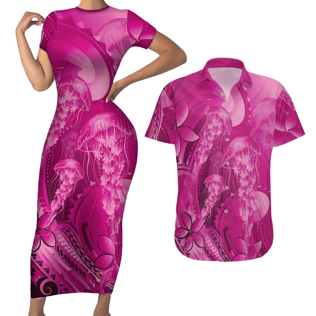 Pink Gradient Polynesia Jellyfish Couples Matching Short Sleeve Bodycon Dress and Hawaiian Shirt Plumeria Polynesian Tattoo Glowing Vibes