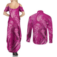 Pink Gradient Polynesia Jellyfish Couples Matching Summer Maxi Dress and Long Sleeve Button Shirt Plumeria Polynesian Tattoo Glowing Vibes