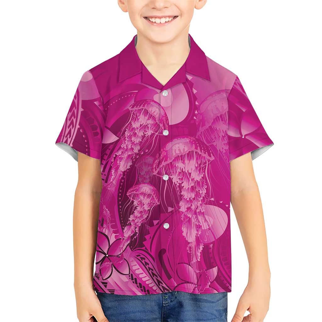 Pink Gradient Polynesia Jellyfish Family Matching Long Sleeve Bodycon Dress and Hawaiian Shirt Plumeria Polynesian Tattoo Glowing Vibes