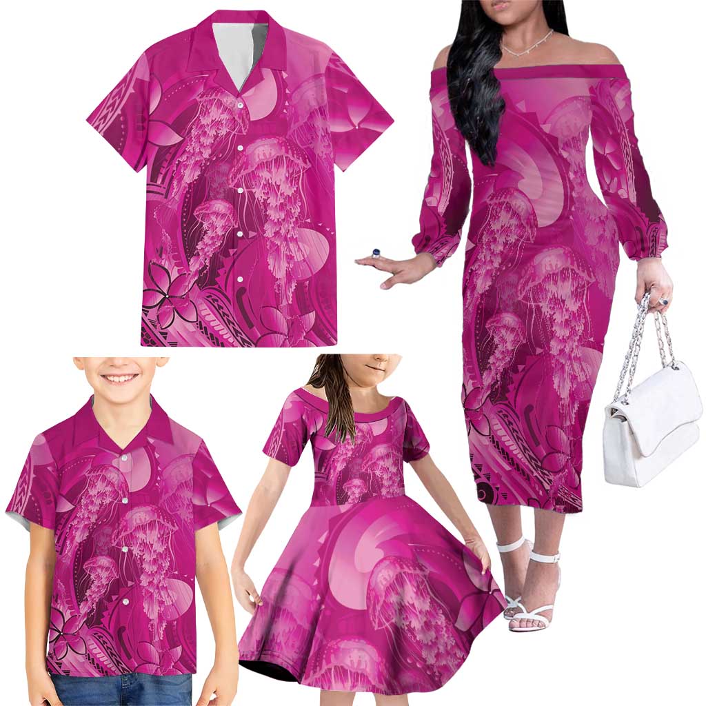 Pink Gradient Polynesia Jellyfish Family Matching Off The Shoulder Long Sleeve Dress and Hawaiian Shirt Plumeria Polynesian Tattoo Glowing Vibes LT14 - Polynesian Pride