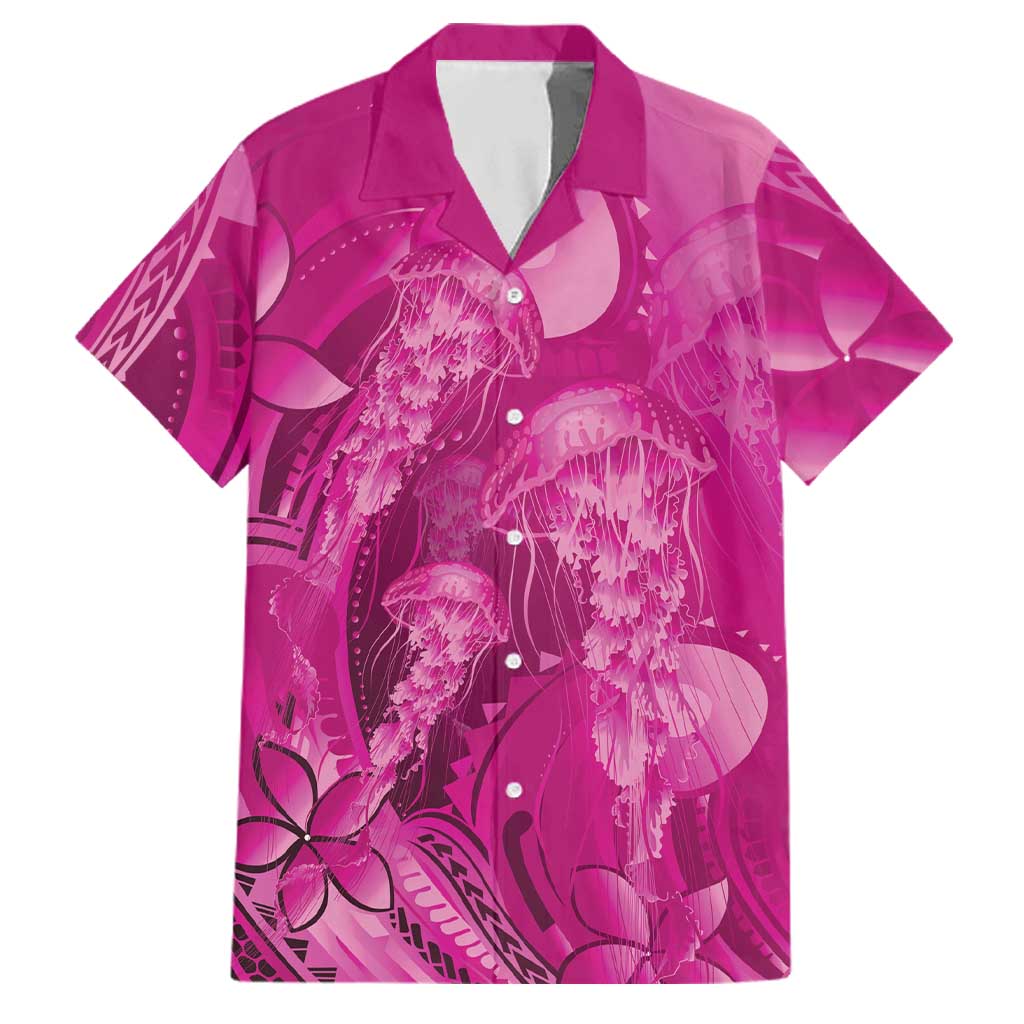 Pink Gradient Polynesia Jellyfish Family Matching Off The Shoulder Long Sleeve Dress and Hawaiian Shirt Plumeria Polynesian Tattoo Glowing Vibes LT14 Dad's Shirt - Short Sleeve Pink - Polynesian Pride
