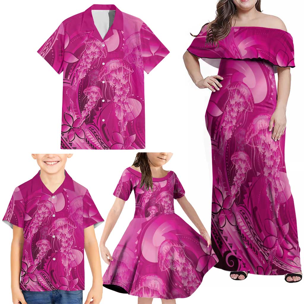 Pink Gradient Polynesia Jellyfish Family Matching Off Shoulder Maxi Dress and Hawaiian Shirt Plumeria Polynesian Tattoo Glowing Vibes