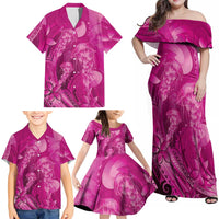 Pink Gradient Polynesia Jellyfish Family Matching Off Shoulder Maxi Dress and Hawaiian Shirt Plumeria Polynesian Tattoo Glowing Vibes