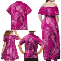 Pink Gradient Polynesia Jellyfish Family Matching Off Shoulder Maxi Dress and Hawaiian Shirt Plumeria Polynesian Tattoo Glowing Vibes