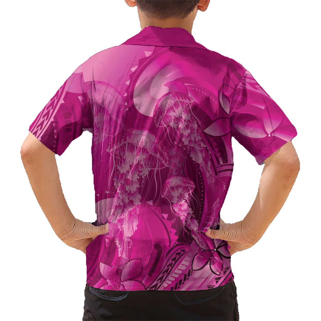 Pink Gradient Polynesia Jellyfish Family Matching Short Sleeve Bodycon Dress and Hawaiian Shirt Plumeria Polynesian Tattoo Glowing Vibes
