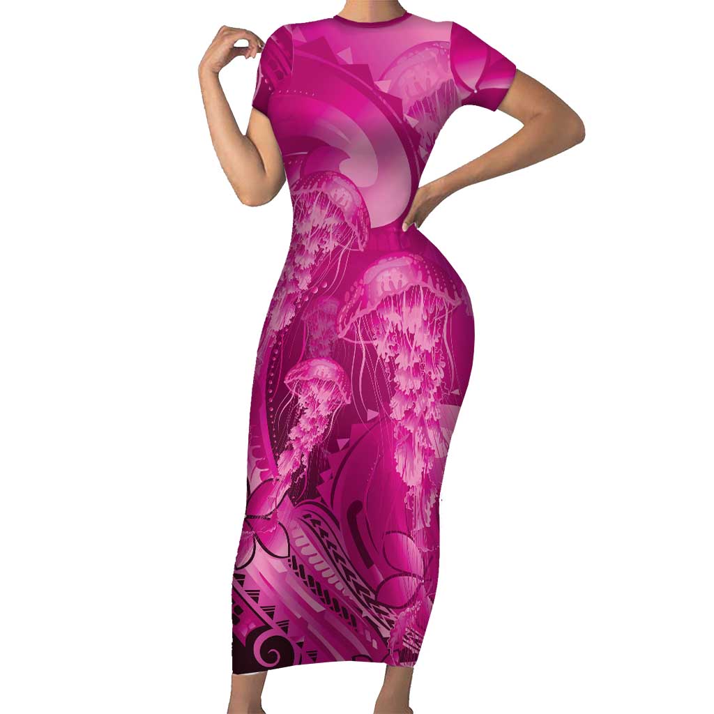 Pink Gradient Polynesia Jellyfish Family Matching Short Sleeve Bodycon Dress and Hawaiian Shirt Plumeria Polynesian Tattoo Glowing Vibes