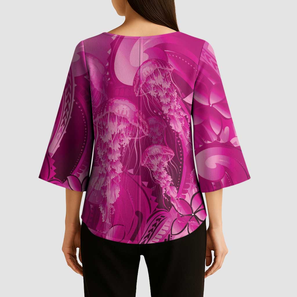 Pink Gradient Polynesia Jellyfish Kimono Sleeve Blouse Plumeria Polynesian Tattoo Glowing Vibes LT14 - Polynesian Pride