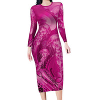 Pink Gradient Polynesia Jellyfish Long Sleeve Bodycon Dress Plumeria Polynesian Tattoo Glowing Vibes LT14 Long Dress Pink - Polynesian Pride