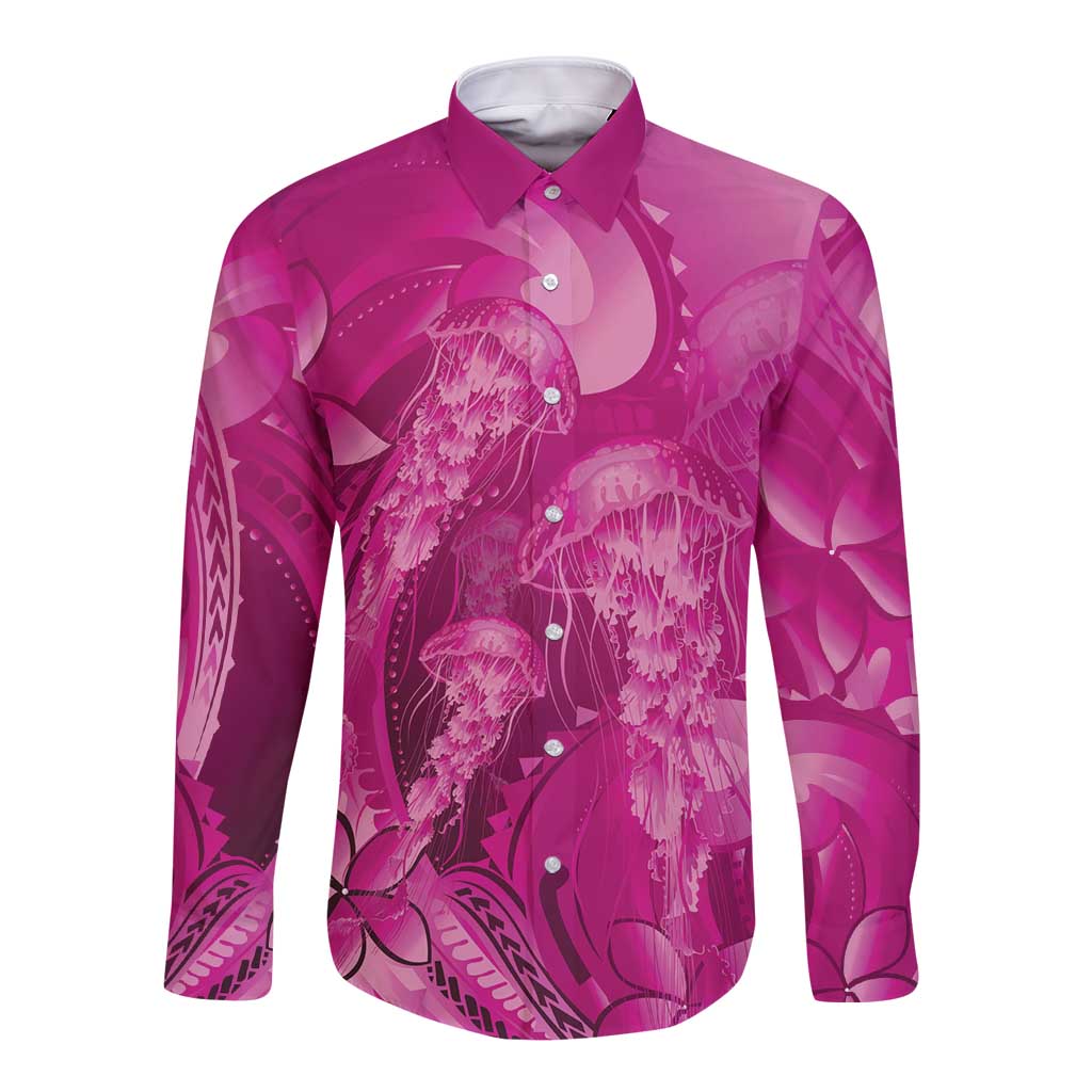 Pink Gradient Polynesia Jellyfish Long Sleeve Button Shirt Plumeria Polynesian Tattoo Glowing Vibes